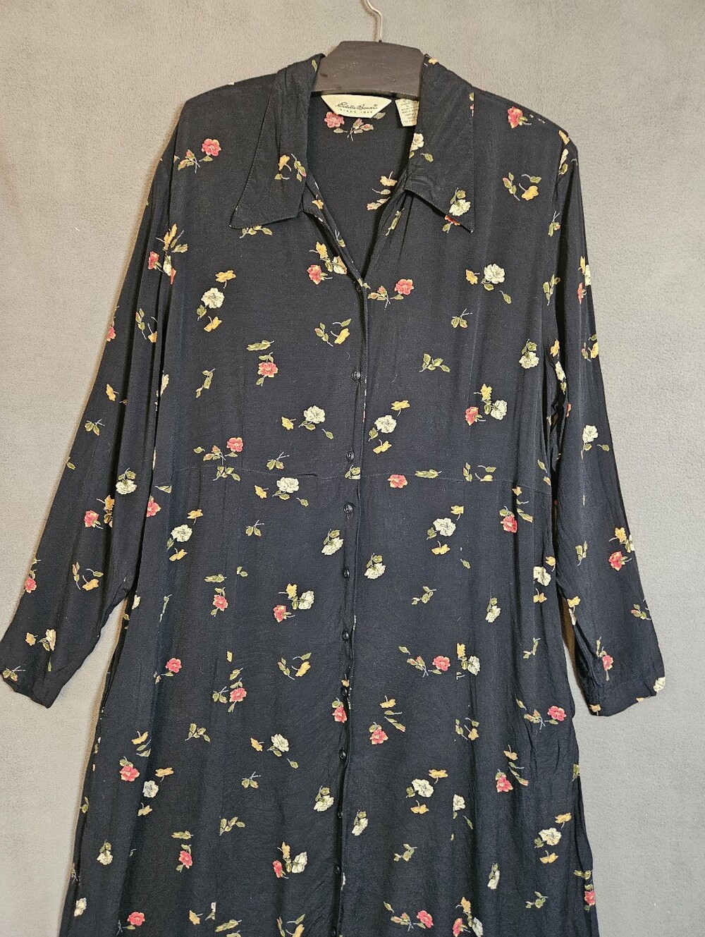 Vintage Eddie Bauer Floral Midi Maxi Shirt Dress 90s Black Rayon Button Front XL - Picture 2 of 11